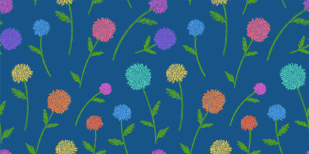 Colorful chrysanthemum seamless pattern. color flowers set. Hand drawn floral vector illustrations. Pen or marker sketch. natural pencil drawing.のイラスト素材