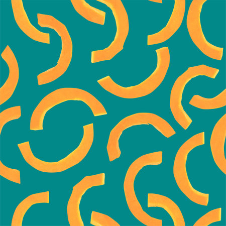 Pumpkin seamless pattern for design. Fresh vegetable slices. Autumn print wallpaper. Blue and orange background. Side viewの写真素材