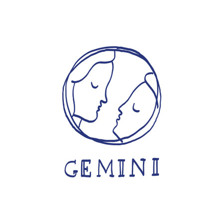 Gemini zodiac sign. Hand drawn sketch. Blue pen or marker drawing. Astrological calendar, zodiacal round. Vector horoscopeのイラスト素材