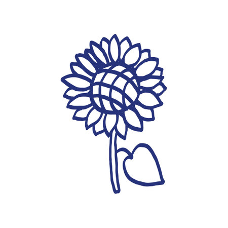Sunflower flower. Hand drawn sketch. Blue pen or marker drawing. Primitive kids picture.のイラスト素材