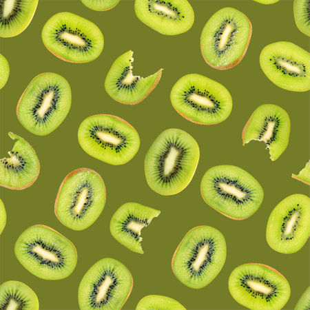 Seamless pattern for design. Juicy fresh fruit. Summer print wallpaper. Green background.Top view. Flat layの写真素材