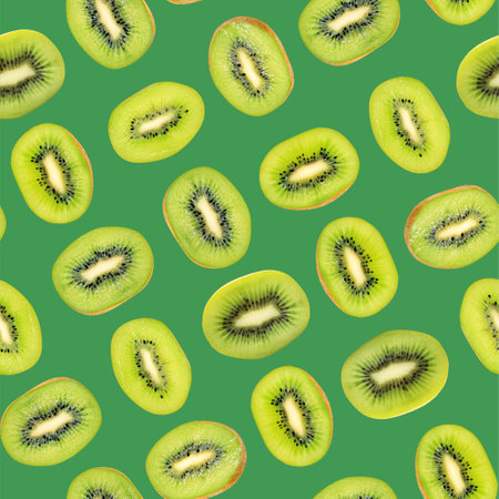 Kiwi seamless pattern for design. Juicy fresh fruit slices. Summer print wallpaper. Green background.Top view. Flat layの写真素材