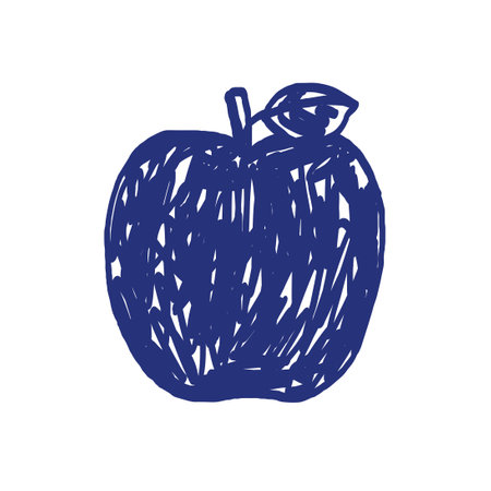 Apple fruit with leaf. Hand drawn sketch. Blue pen or marker drawing. Primitive kids picture.のイラスト素材