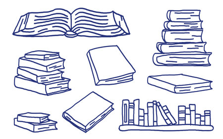 Book sketch set. Hand drawn blue pen or marker drawing. Primitive kids pictureのイラスト素材
