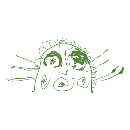 Cute green alien monster in sketch style. Childish primitive drawing. Scary art. Picture painted by a kid. A poster on the wall. Pencil or marker portraitのイラスト素材