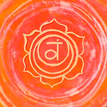 Swadhisthana chakra. Watercolor blot. Hand drawn sloppy vector art. Om sign. Orange circle. Sacral icon. Meditationの写真素材