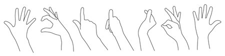 Black contour of human hand. Vector gesture illustration. Concept of communication and expressions. Index, middle, ring, little fingers and thumbのイラスト素材