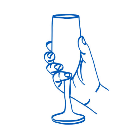 Hand holding a champagne glass. Blue doodle vector illustration. Index, middle, ring, little fingers and thumbのイラスト素材