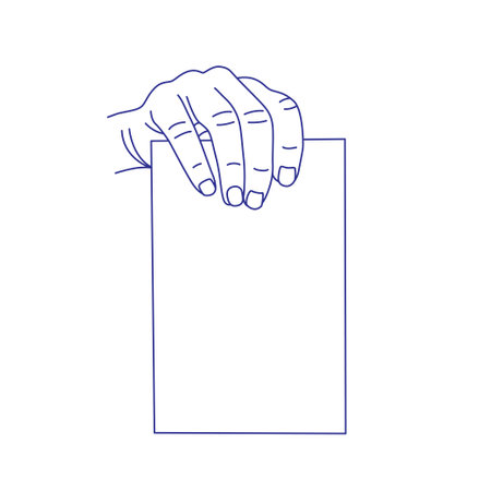 Hand holding a sheet of paper. Contour vector illustration. Index, middle, ring, little fingers and thumbのイラスト素材