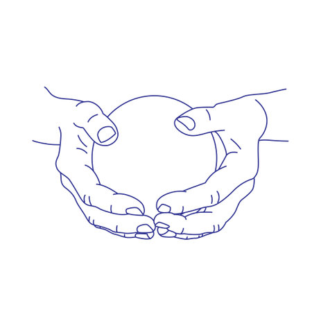 Hand holding a round ball. Contour vector illustration. Index, middle, ring, little fingers and thumbのイラスト素材