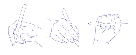 Pencil in hand. Someone writes or draws with a pen on a tablet. Contour vector illustration. Index, middle, ring, little fingers and thumbのイラスト素材