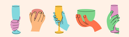 Hand holding a glass of champagne and a cup. Set of gestures in various positions. Colorful trendy vector illustration. Index, middle, ring, little fingers and thumbのイラスト素材