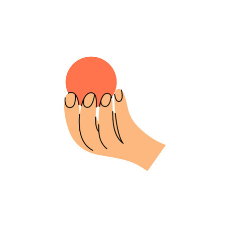 Hand holding a ball. Gesture. Color trendy vector illustration. Index, middle, ring, little fingers and thumbのイラスト素材