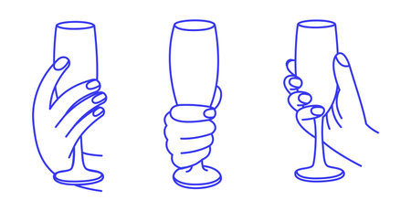 A glass of champagne in hands. Gesture doodle icon. Contour vector illustrationのイラスト素材