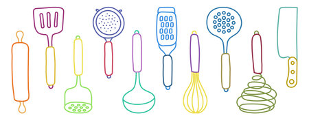 Kitchen knolling. Kitchenware colorful sketch set. Doodle line vector utensils, tools and cutlery.のイラスト素材