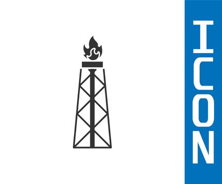 Grey Oil rig with fire icon isolated on white background. Gas tower. Industrial object. Vector Illustrationのイラスト素材
