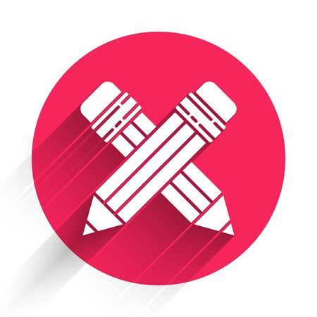 White Crossed pencil with eraser icon isolated with long shadow. Drawing and educational tools. School office symbol. Red circle button. Vector Illustrationのイラスト素材