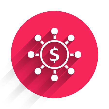 White Dollar, share, network icon isolated with long shadow. Red circle button. Vector Illustrationのイラスト素材