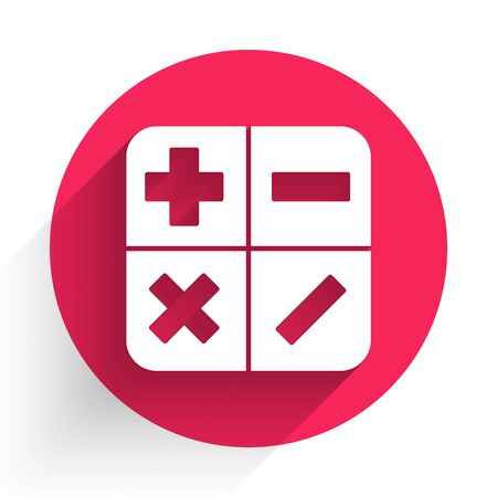 White Calculator icon isolated with long shadow. Accounting symbol. Business calculations mathematics education and finance. Red circle button. Vector Illustrationのイラスト素材