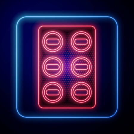 Glowing neon Pills in blister pack icon isolated on blue background. Medical drug package for tablet, vitamin, antibiotic, aspirin. Vector Illustrationのイラスト素材