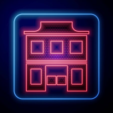 Glowing neon Wild west saloon icon isolated on blue background. Old west building. Vector Illustrationのイラスト素材