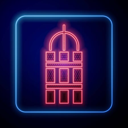 Glowing neon Detonate dynamite bomb stick and timer clock icon isolated on blue background. Time bomb - explosion danger concept. Vector Illustrationのイラスト素材