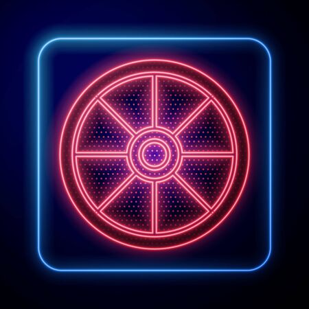 Glowing neon Old wooden wheel icon isolated on blue background. Vector Illustrationのイラスト素材