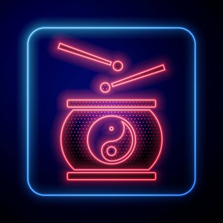 Glowing neon Chinese drum icon isolated on blue background. Traditional asian percussion instrument Taiko or O-Daiko drum. Vector Illustrationのイラスト素材