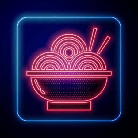 Glowing neon Asian noodles in bowl and chopsticks icon isolated on blue background. Street fast food. Korean, Japanese, Chinese food.  Vector Illustrationのイラスト素材