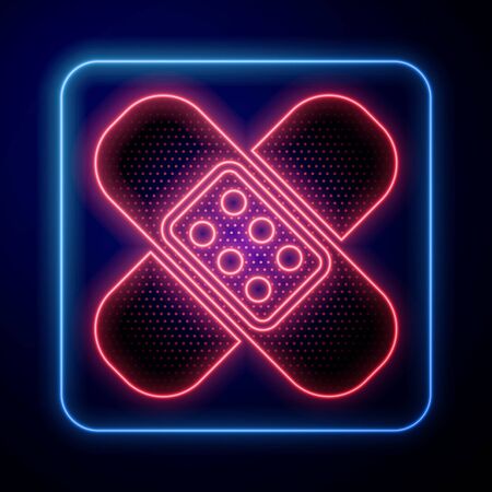 Glowing neon Crossed bandage plaster icon isolated on blue background. Medical plaster, adhesive bandage, flexible fabric bandage. Vector Illustrationのイラスト素材