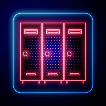 Glowing neon Locker or changing room for hockey, football, basketball team or workers icon isolated on blue background. Vector Illustrationのイラスト素材
