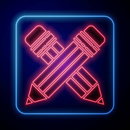 Glowing neon Crossed pencil with eraser icon isolated on blue background. Drawing and educational tools. School office symbol. Vector Illustrationのイラスト素材