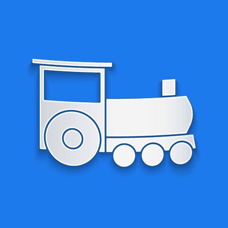 Paper cut Retro train icon isolated on blue background. Public transportation symbol. Paper art style. Vector Illustrationのイラスト素材