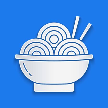 Paper cut Asian noodles in bowl and chopsticks icon isolated on blue background. Street fast food. Korean, Japanese, Chinese food. Paper art style. Vector Illustrationのイラスト素材
