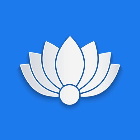 Paper cut Lotus flower icon isolated on blue background. Paper art style. Vector Illustrationのイラスト素材