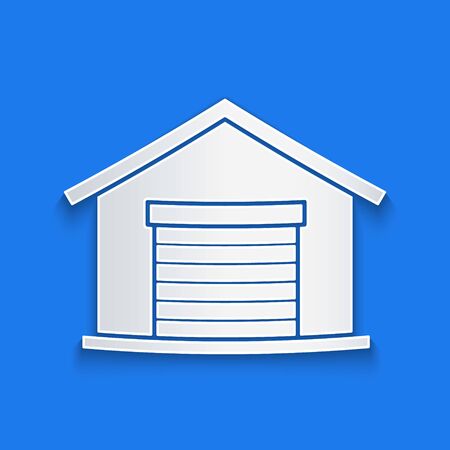 Paper cut Warehouse icon isolated on blue background. Paper art style. Vector Illustrationのイラスト素材