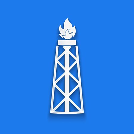 Paper cut Oil rig with fire icon isolated on blue background. Gas tower. Industrial object. Paper art style. Vector Illustrationのイラスト素材