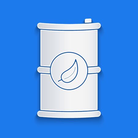 Paper cut Bio fuel barrel icon isolated on blue background. Eco bio and canister. Green environment and recycle. Paper art style. Vector Illustrationのイラスト素材