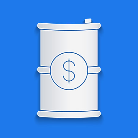 Paper cut Barrel oil with dollar symbol icon isolated on blue background. Paper art style. Vector Illustrationのイラスト素材