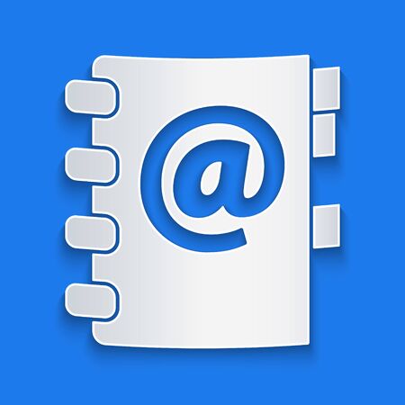 Paper cut Address book icon isolated on blue background. Notebook, address, contact, directory, phone, telephone book icon. Paper art style. Vector Illustrationのイラスト素材