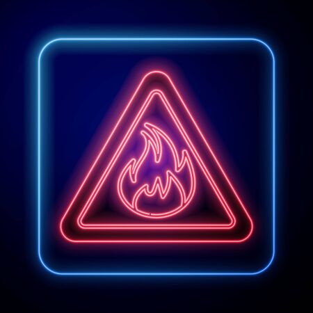 Glowing neon Fire flame in triangle icon isolated on blue background. Warning sign of flammable product. Vector Illustrationのイラスト素材