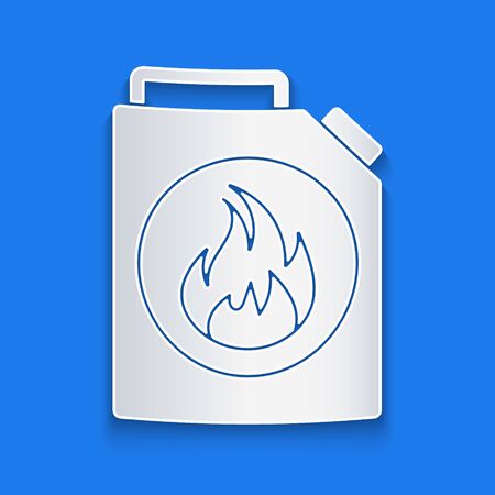 Paper cut Canister for flammable liquids icon isolated on blue background. Oil or biofuel, explosive chemicals, dangerous substances. Paper art style. Vector Illustrationのイラスト素材