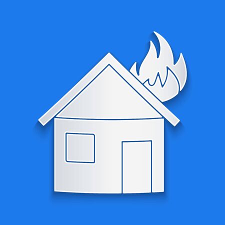 Paper cut Fire in burning house icon isolated on blue background. Paper art style. Vector Illustrationのイラスト素材