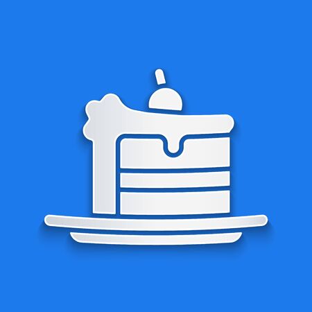 Paper cut Cake icon isolated on blue background. Happy Birthday. Paper art style. Vector Illustrationのイラスト素材