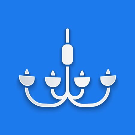 Paper cut Chandelier icon isolated on blue background. Paper art style. Vector Illustrationのイラスト素材