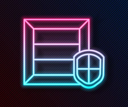 Glowing neon line Delivery pack security with shield icon isolated on black background. Delivery insurance. Insured cardboard boxes beyond the shield. Vector Illustrationのイラスト素材