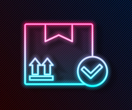Glowing neon line Package box with check mark icon isolated on black background. Parcel box. Approved delivery or successful package receipt. Vector Illustrationのイラスト素材