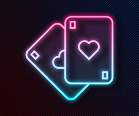 Glowing neon line Playing cards icon isolated on black background. Casino gambling. Vector Illustrationのイラスト素材