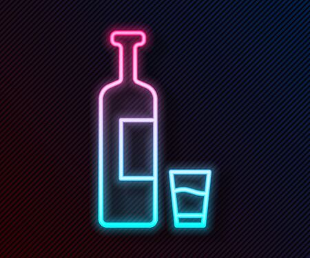 Glowing neon line Whiskey bottle and glass icon isolated on black background. Vector Illustrationのイラスト素材