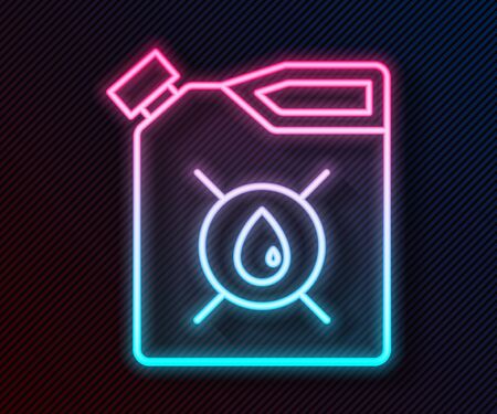 Glowing neon line Canister for motor machine oil icon isolated on black background. Oil gallon. Oil change service and repair. Engine oil sign. Vector Illustrationのイラスト素材